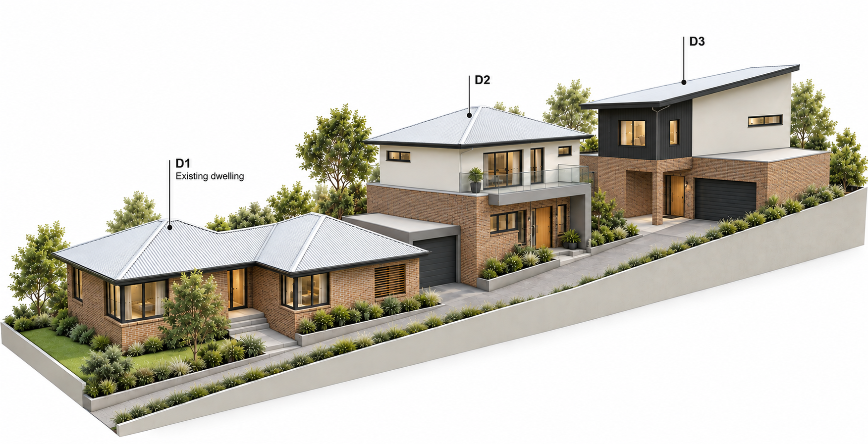 Development application perspective showing an existing dwelling and two proposed dwellings
