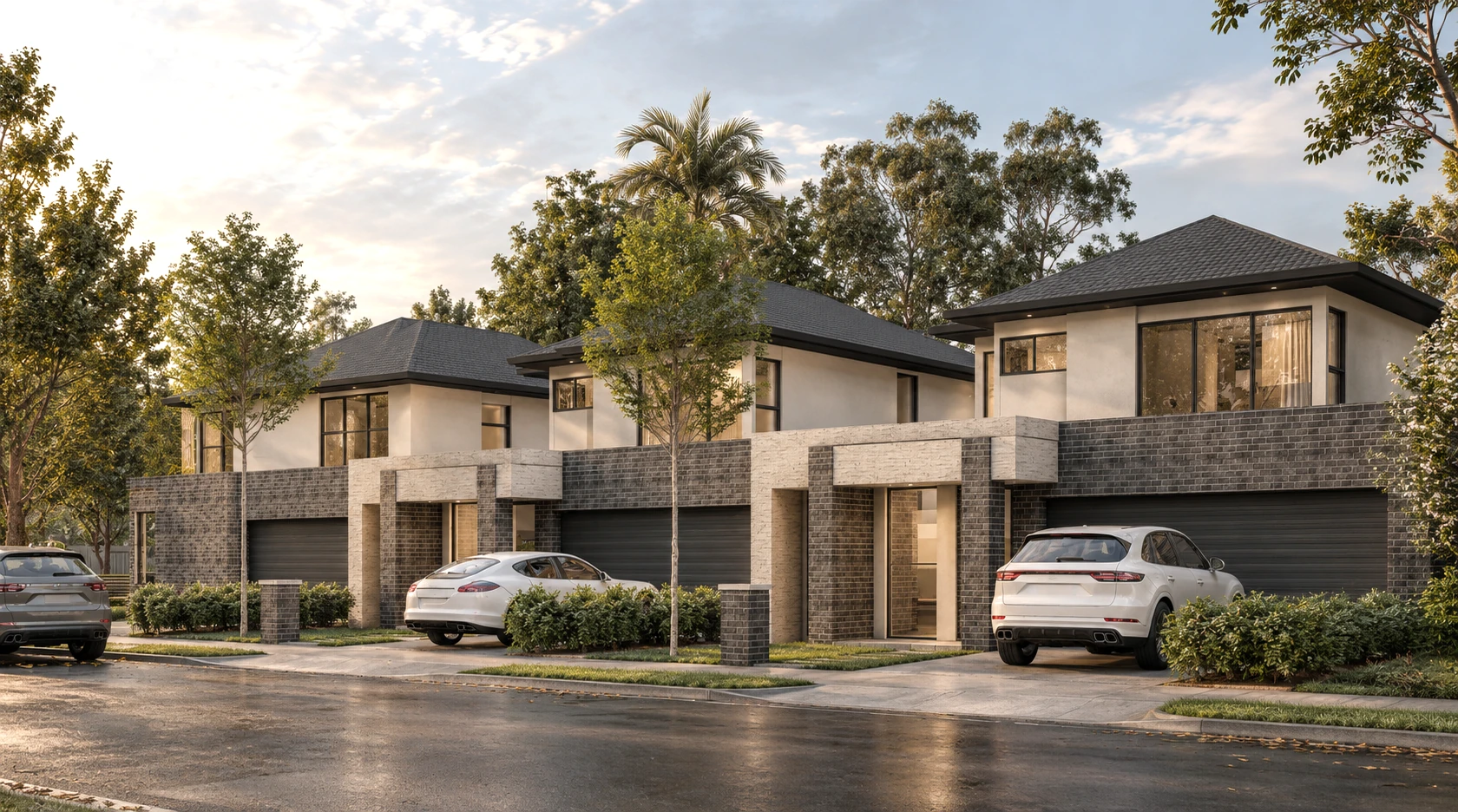 Residential development streetscape illustrating the relationship between buildings and their setting