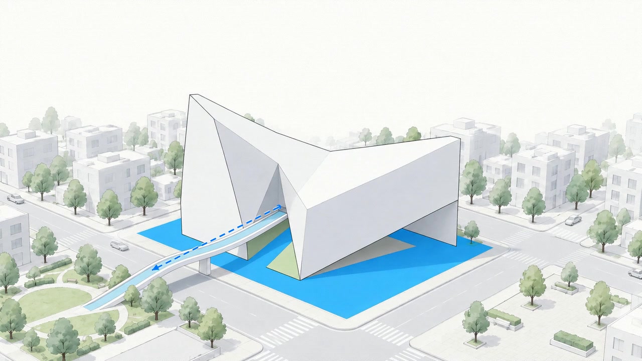 Conceptual urban design study showing a pedestrian bridge, built form and surrounding streets